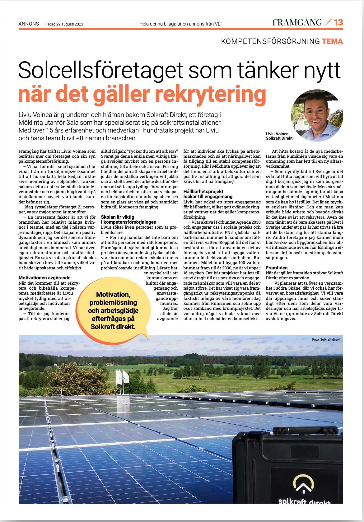 Solkraft Direkt Tidnings artikel i tidningen Framgång producerad av VLT