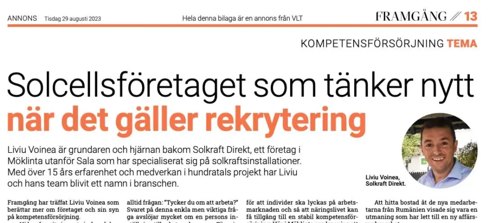 Solkraft Direkt Tidnings artikel i tidningen Framgång producerad av VL